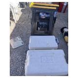 Plastic sawhorses and 2 coolers