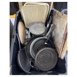 Tote of assorted pans and bakeware