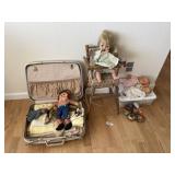 Antique baby dolls, T-shirt, suitcase, highchair