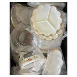 White and gold rim dishes, Pyrex and more