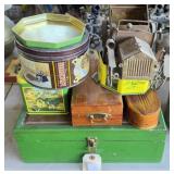 Vintage tins and a storage box, old car