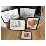Black and white sketches and peach and apple