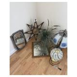 Two lamps two mirrors, clock and faux plant