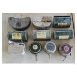 Assortment of vintage WORM holders & 2 fly reels
