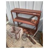 Metal shelf, Ben used outdoors,  chain in a crate