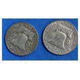 2 Lots 1ea 1963 D Ben Franklin .50ï¿½ Cent Coins