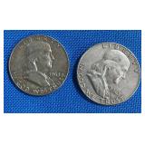 2 Lots 1ea 1963 D Ben Franklin .50ï¿½ Cent Coins