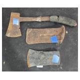 Three old tools.  Wedge, hatchet and hatchet head