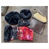 Tray Lot Of Assorted Purses, Hats, Scarves & More