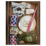 Tray lot containing candles, glass planter & more