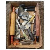 Tray Lot Of Assorted Items Including Rolling Pin,