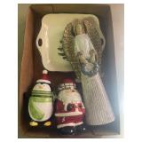Tray Lot Of Assorted Christmas Canisters, Plate &