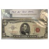 1963 Series Red Seal 5.00 Dollar Bill