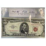 1963 Series Red Seal 5.00 Dollar Bill