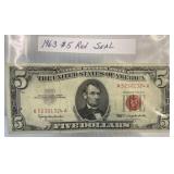 1963 Series Red Seal 5.00 Dollar Bill