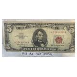 1963 Series Red Seal 5.00 Dollar Bill