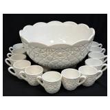 Vintage Milk Glass Punch Bowl with 12 Cups -Bowl