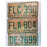 3 pc 1974 North Carolina License Plates as