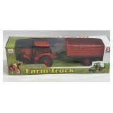 Red Farm Toy Tractor with Trailer 10" Friction