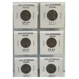 Set of Six Old Jefferson Nickels as Pictured