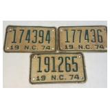 3 Vintage 1974 NC License Plates