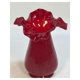 Vintage Crackle Glass Vase Ruffle Edge Red 4.75"