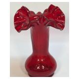 Vintage Crackle Glass Vase Ruffle Edge Red 6"