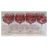 (B) 8 Vintage Cranberry Etched Cordial Glasses