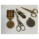 Lot Containing Vintage Scissors, War Medal,