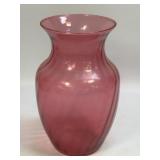 Vintage Cranberry Optic Swirl Glass Vase 8"