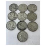 (10) Franklin Half Dollars 90% Silver