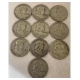(10) Franklin Half Dollars 90% Silver