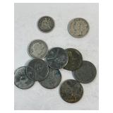 Silver Half Dime, Barber Dime, Mercury Dime, (7)
