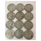 (12)  Franklin Half Dollars 90% Silver