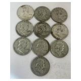 (10) Franklin Half Dollars 90% Silver
