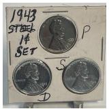 1943 Steel War Pennies with P, D, and S Mint