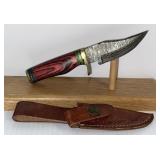 Damascus Style Fixed Blade Knife with Leather