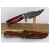 Damascus Style Fixed Blade Knife with Leather