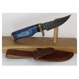 Damascus Style Fixed Blade Knife with Leather
