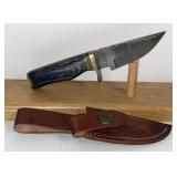 Damascus Style Fixed Blade Knife with Leather