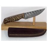 Damascus Style Fixed Blade Knife with Leather