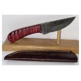 Damascus Style Fixed Blade Knife with Leather