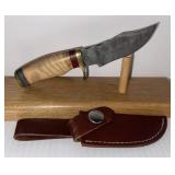 Damascus Style Fixed Blade Knife with Leather