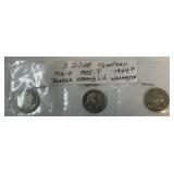 3 Silver Quarters 1916-D Barber, 1925-P Standing