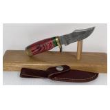 Damascus Style Fixed Blade Knife with Leather