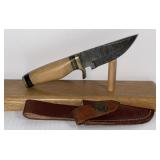 Damascus Style Fixed Blade Knife with Leather