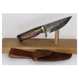 Damascus Style Fixed Blade Knife with Leather
