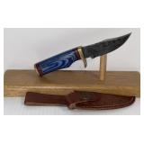 Damascus Style Fixed Blade Knife with Leather