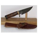 Damascus Style Fixed Blade Knife with Leather