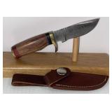 Damascus Style Fixed Blade Knife with Leather